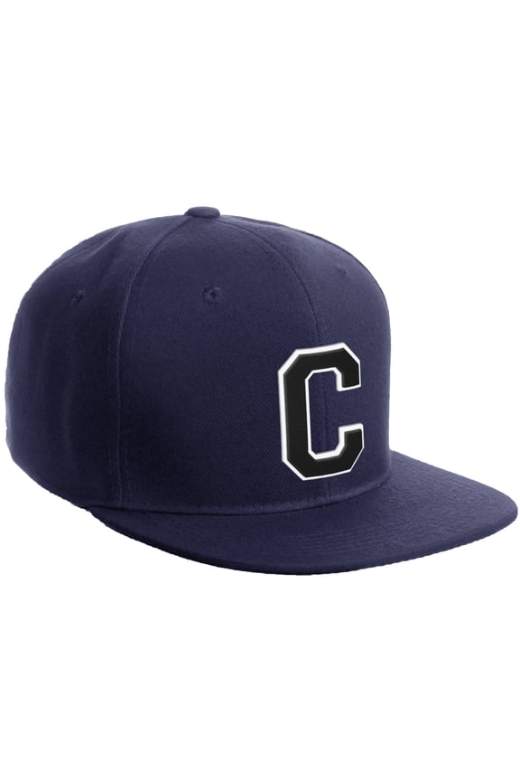 Classic Snapback Hat Custom A to Z Initial Varsity Letters, Navy Navy Hat White Black Letter C