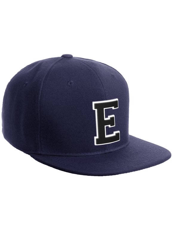 Classic Snapback Hat Custom A to Z Initial Varsity Letters, Navy Navy Hat White Black Letter E