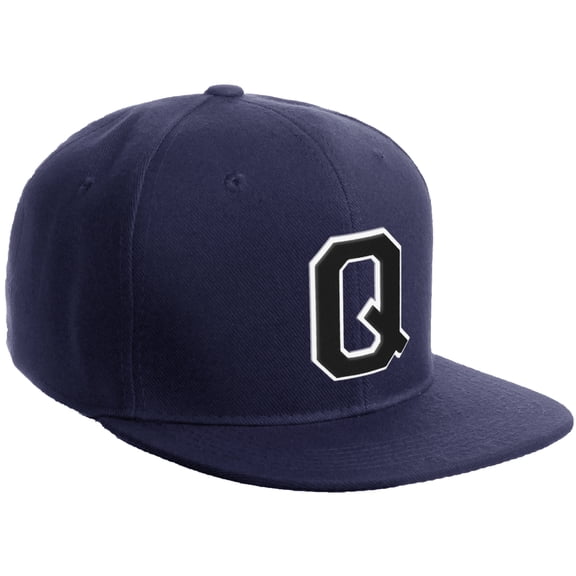 Daxton Classic Snapback Hat Custom A to Z Initial Varsity Letters, Navy Navy Hat White Black Letter Q