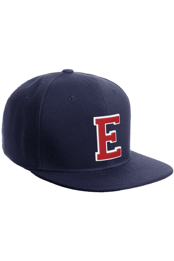 Classic Snapback Hat Custom A to Z Initial Varsity Letters, Navy Navy Hat White Red Letter E