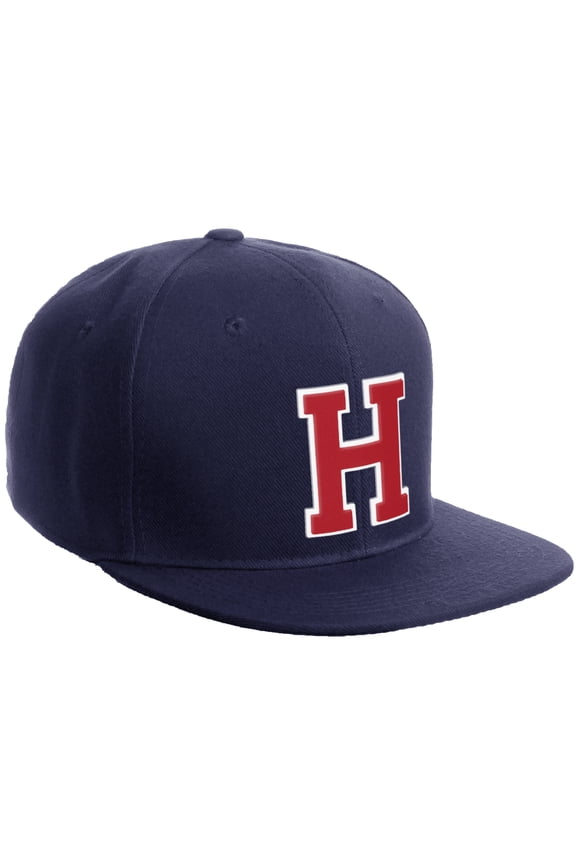 Classic Snapback Hat Custom A to Z Initial Varsity Letters, Navy Navy Hat White Red Letter H