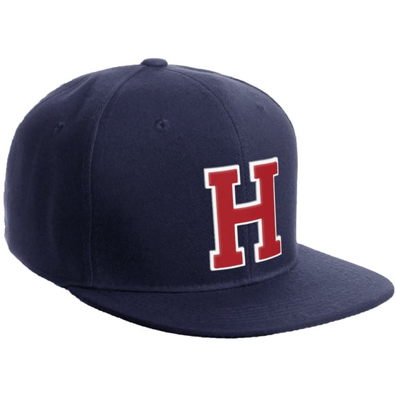 Daxton Classic Snapback Hat Custom A to Z Initial Varsity Letters, Navy Navy Hat White Red Letter H