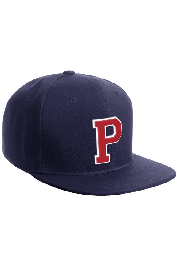 Classic Snapback Hat Custom A to Z Initial Varsity Letters, Navy Navy Hat White Red Letter P