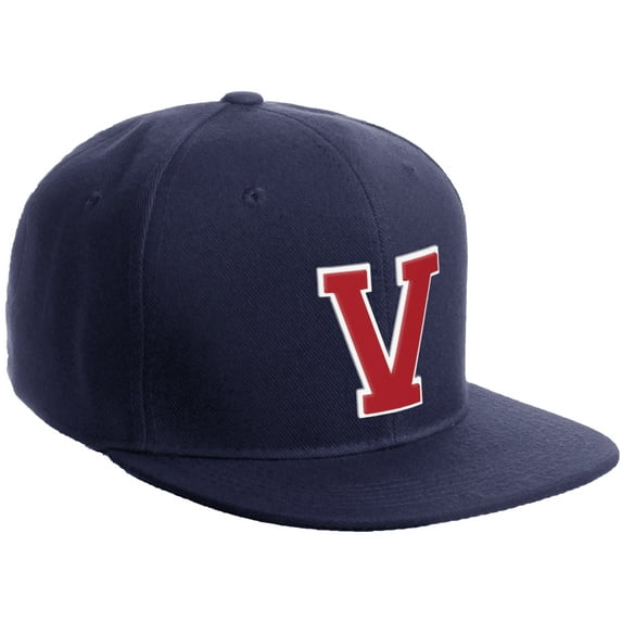 Daxton Classic Snapback Hat Custom A to Z Initial Varsity Letters, Navy Navy Hat White Red Letter V