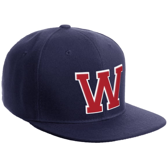 Daxton Classic Snapback Hat Custom A to Z Initial Varsity Letters, Navy Navy Hat White Red Letter W