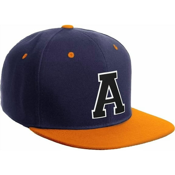 Daxton Classic Snapback Hat Custom A to Z Initial Varsity Letters, Navy Orange Hat White Black Letter A