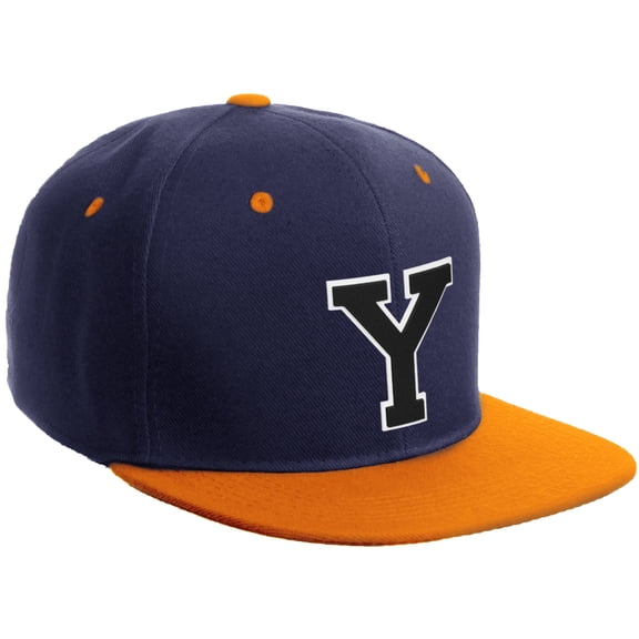 Daxton Classic Snapback Hat Custom A to Z Initial Varsity Letters, Navy Orange Hat White Black Letter Y