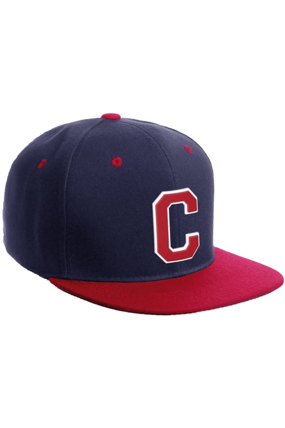 Classic Snapback Hat Custom A to Z Initial Varsity Letters, Navy Red Hat White Red Letter C