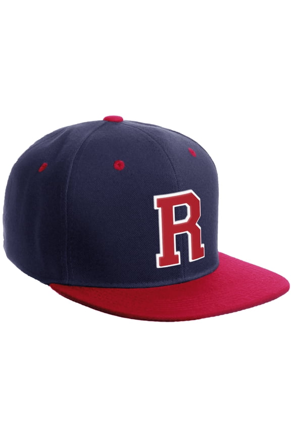 Classic Snapback Hat Custom A to Z Initial Varsity Letters, Navy Red Hat White Red Letter R