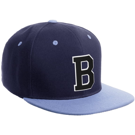 Daxton Classic Snapback Hat Custom A to Z Initial Varsity Letters, Navy Sky Hat White Black Letter B