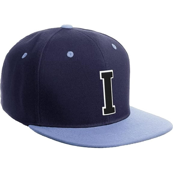 Daxton Classic Snapback Hat Custom A to Z Initial Varsity Letters, Navy Sky Hat White Black Letter I