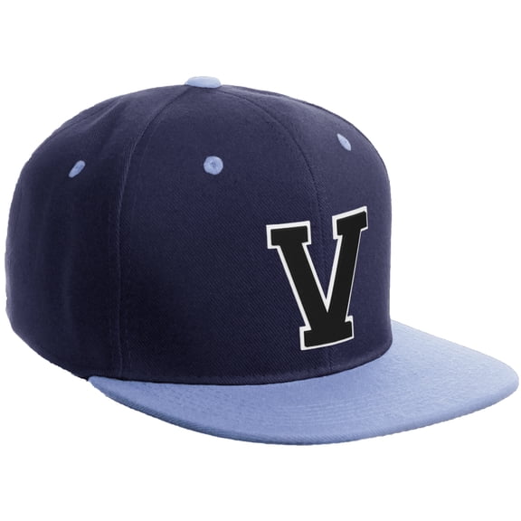 Daxton Classic Snapback Hat Custom A to Z Initial Varsity Letters, Navy Sky Hat White Black Letter V