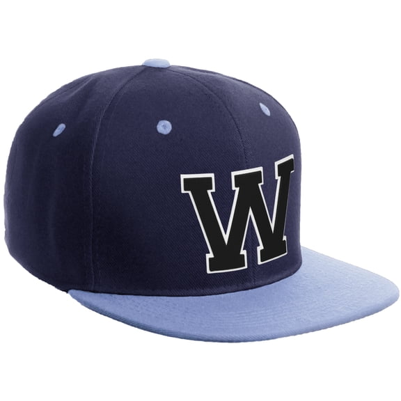Daxton Classic Snapback Hat Custom A to Z Initial Varsity Letters, Navy Sky Hat White Black Letter W