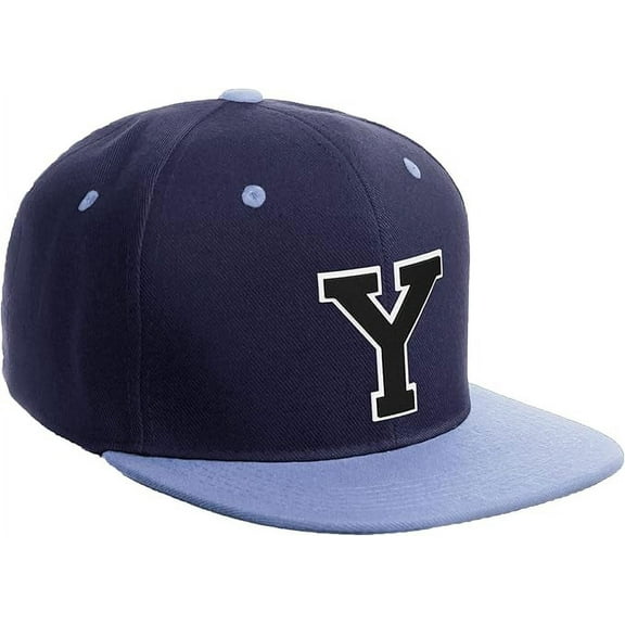 Daxton Classic Snapback Hat Custom A to Z Initial Varsity Letters, Navy Sky Hat White Black Letter Y