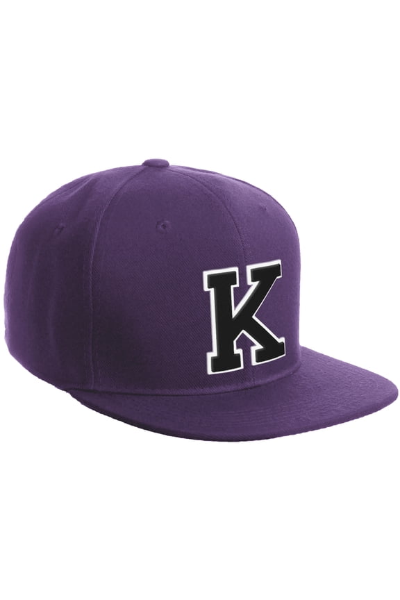 Classic Snapback Hat Custom A to Z Initial Varsity Letters, Purple Purple Hat White Black Letter K