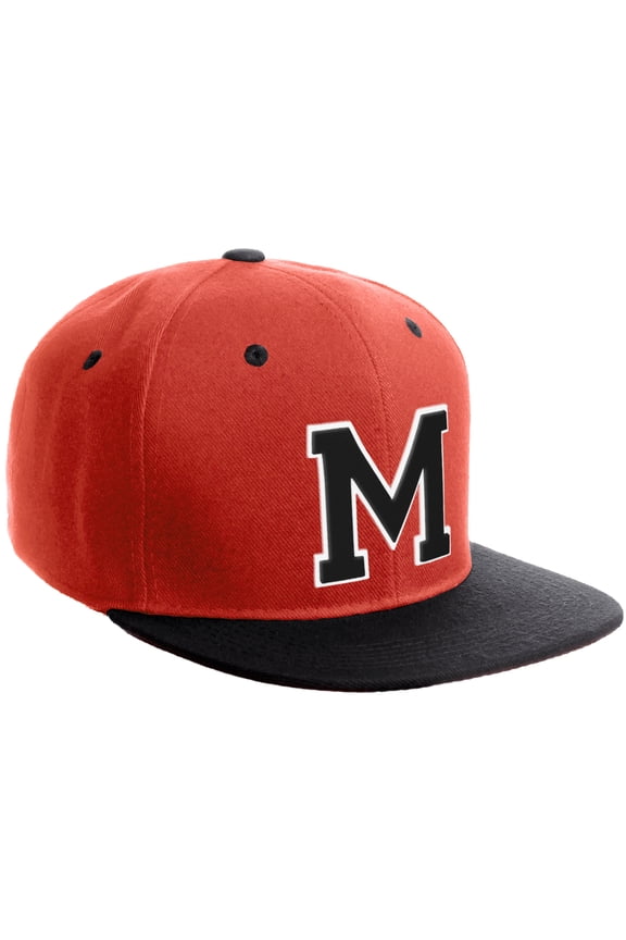 Classic Snapback Hat Custom A to Z Initial Varsity Letters, Red Black Hat White Black Letter M