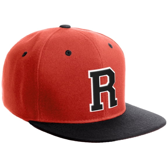 Daxton Classic Snapback Hat Custom A to Z Initial Varsity Letters, Red Black Hat White Black Letter R