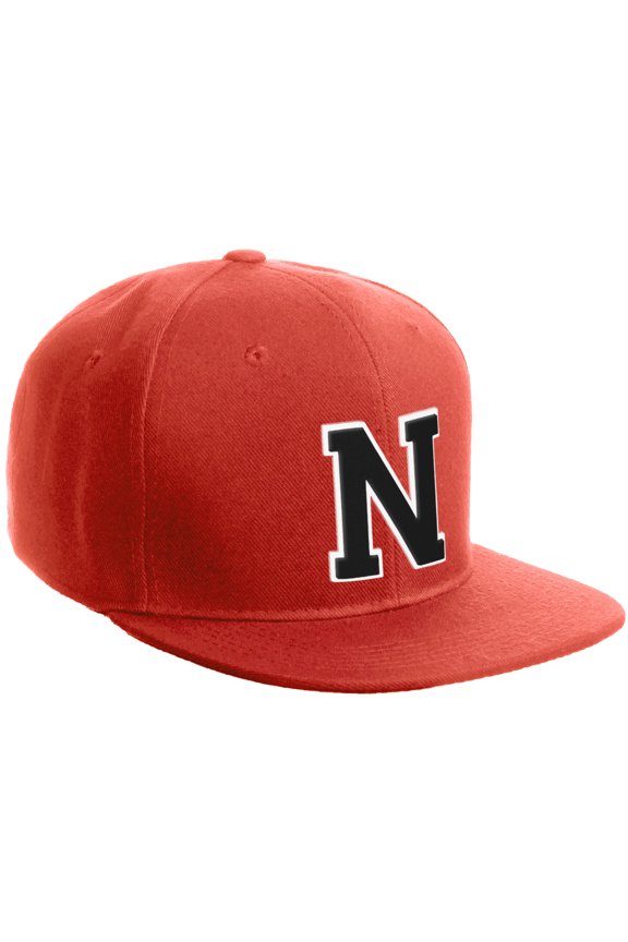 Classic Snapback Hat Custom A to Z Initial Varsity Letters, Red Red Hat White Black Letter N