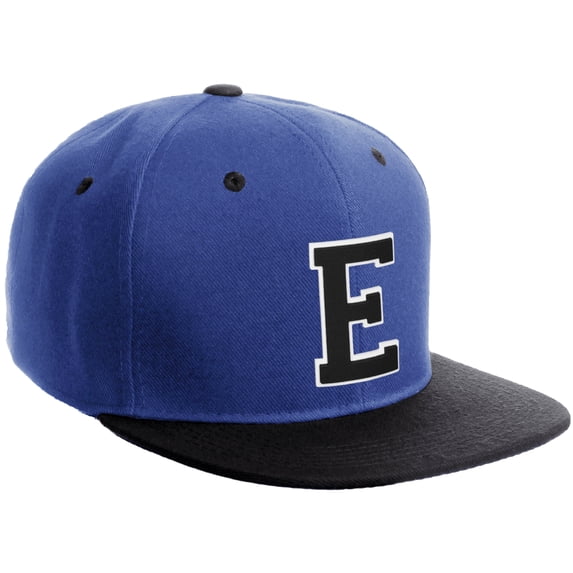 Daxton Classic Snapback Hat Custom A to Z Initial Varsity Letters, Royal Black Hat White Black Letter E