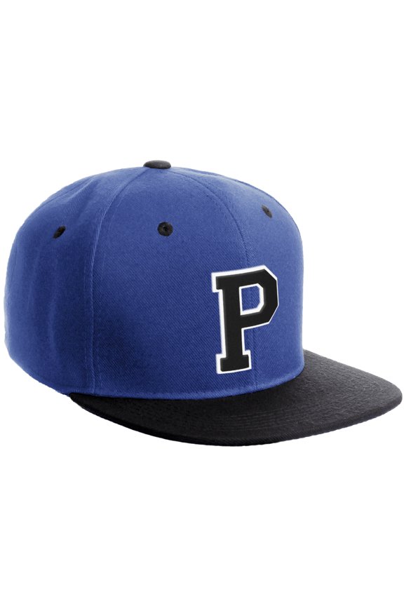Classic Snapback Hat Custom A to Z Initial Varsity Letters, Royal Black Hat White Black Letter P