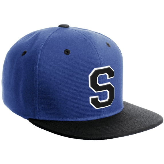 Daxton Classic Snapback Hat Custom A to Z Initial Varsity Letters, Royal Black Hat White Black Letter S