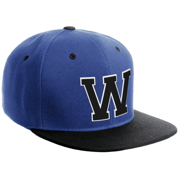 Daxton Classic Snapback Hat Custom A to Z Initial Varsity Letters, Royal Black Hat White Black Letter W