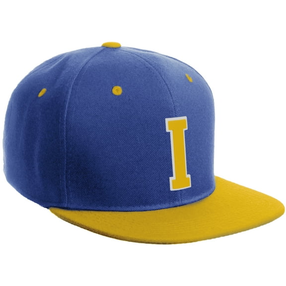 Daxton Classic Snapback Hat Custom A to Z Initial Varsity Letters, Royal Gold Hat White Gold Letter I