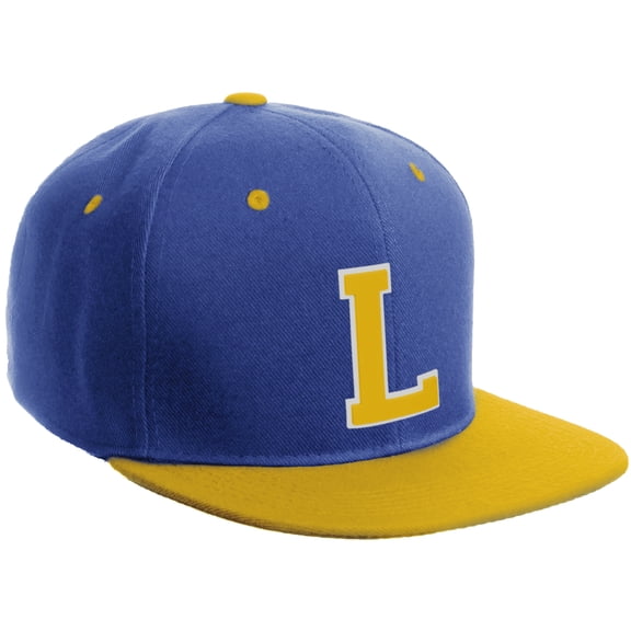 Daxton Classic Snapback Hat Custom A to Z Initial Varsity Letters, Royal Gold Hat White Gold Letter L