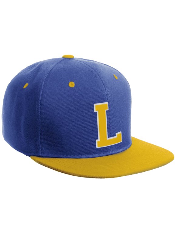 Classic Snapback Hat Custom A to Z Initial Varsity Letters, Royal Gold Hat White Gold Letter L