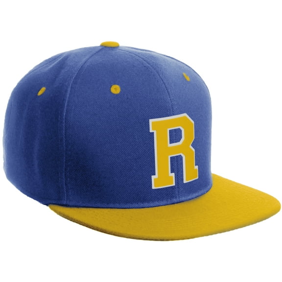 Daxton Classic Snapback Hat Custom A to Z Initial Varsity Letters, Royal Gold Hat White Gold Letter R