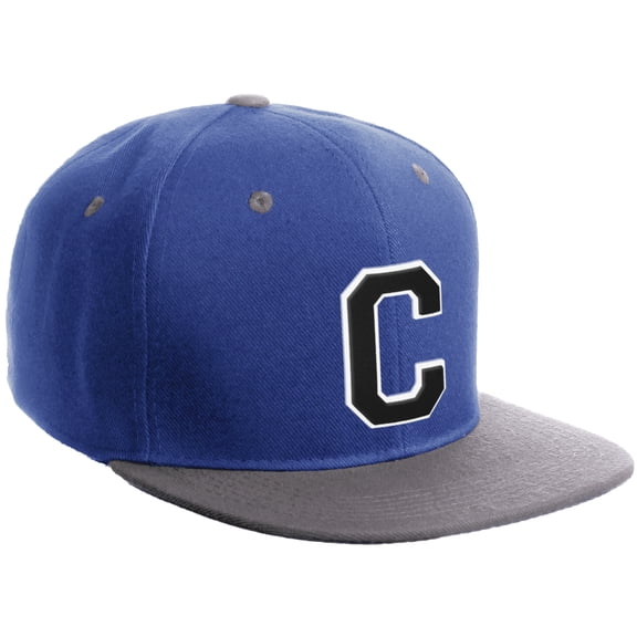 Daxton Classic Snapback Hat Custom A to Z Initial Varsity Letters, Royal Light Grey Hat White Black Letter C