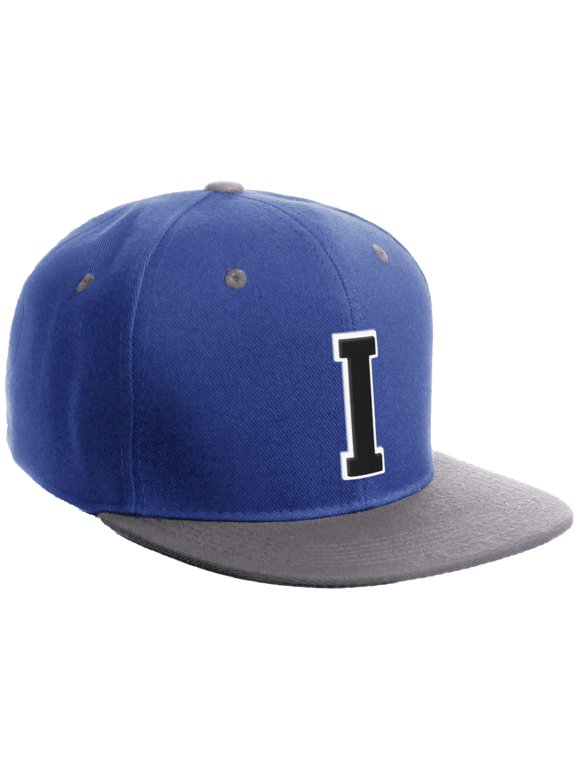 Classic Snapback Hat Custom A to Z Initial Varsity Letters, Royal Light Grey Hat White Black Letter I