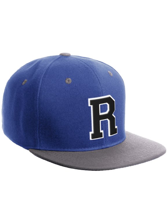 Classic Snapback Hat Custom A to Z Initial Varsity Letters, Royal Light Grey Hat White Black Letter R