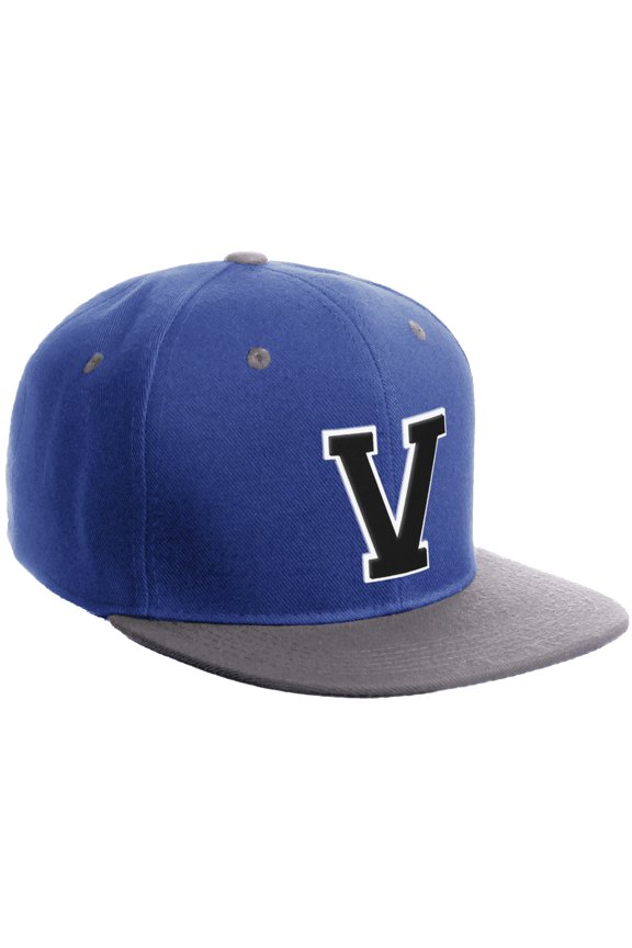 Classic Snapback Hat Custom A to Z Initial Varsity Letters, Royal Light Grey Hat White Black Letter V