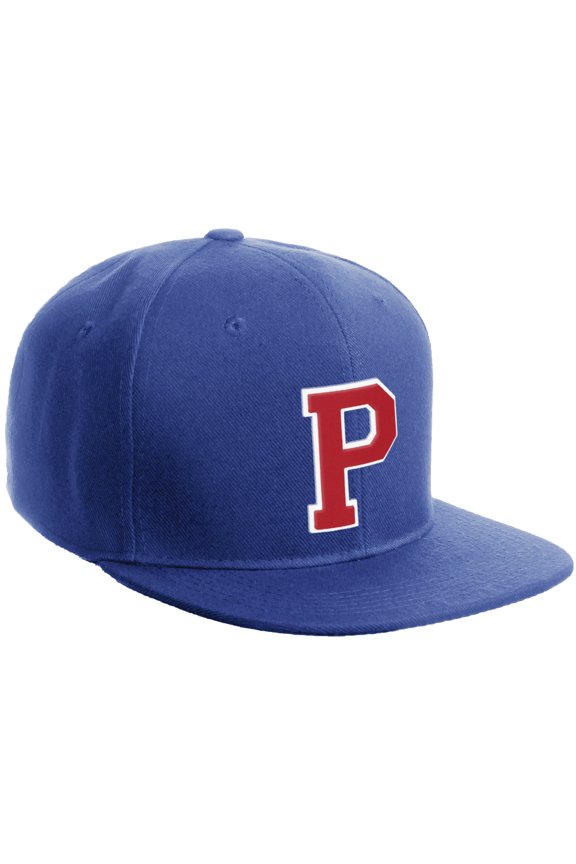 Classic Snapback Hat Custom A to Z Initial Varsity Letters, Royal Royal Hat White Red Letter P
