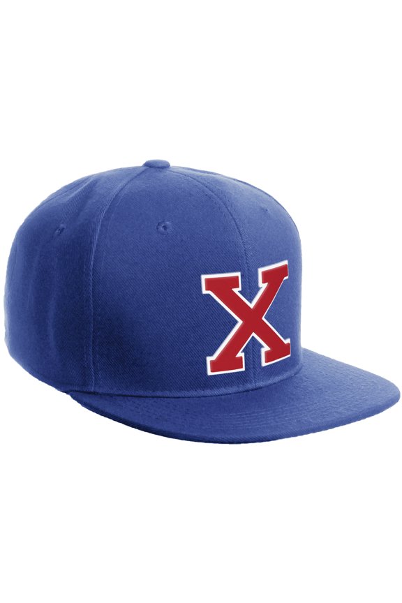Classic Snapback Hat Custom A to Z Initial Varsity Letters, Royal Royal Hat White Red Letter X