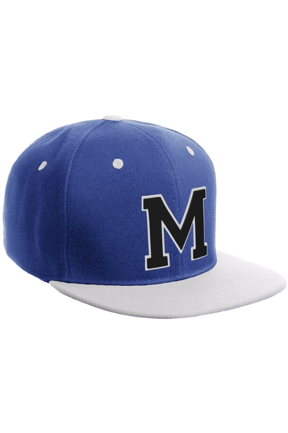 Classic Snapback Hat Custom A to Z Initial Varsity Letters, Royal White Hat White Black Letter M