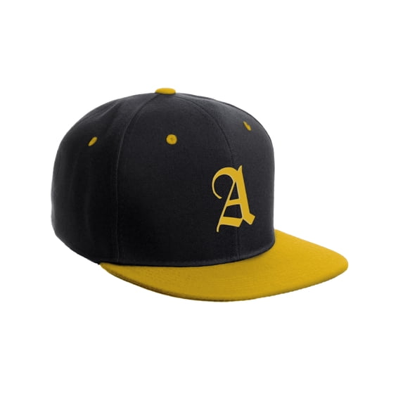 Daxton Classic Snapback Hat Old English Font Alphabet A to Z Flat Bill Visor Cap, Black Gold Hat, Gold A