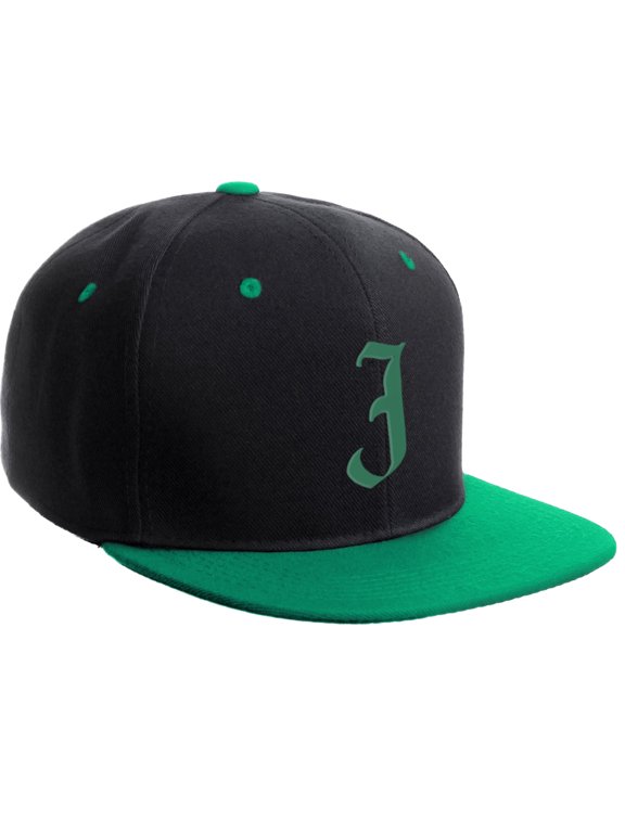 Classic Snapback Hat Old English Font Alphabet A to Z Flat Bill Visor Cap, Black Green Hat, Green J