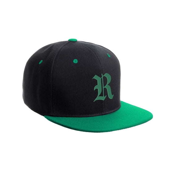 Daxton Classic Snapback Hat Old English Font Alphabet A to Z Flat Bill Visor Cap, Black Green Hat, Green R