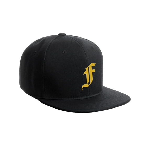 Daxton Classic Snapback Hat Old English Font Alphabet A to Z Flat Bill Visor Cap, Black Hat, Gold F