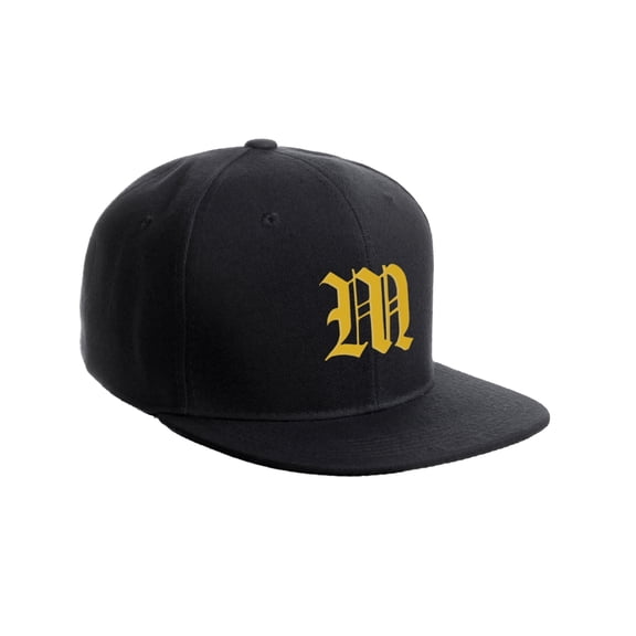 Daxton Classic Snapback Hat Old English Font Alphabet A to Z Flat Bill Visor Cap, Black Hat, Gold M