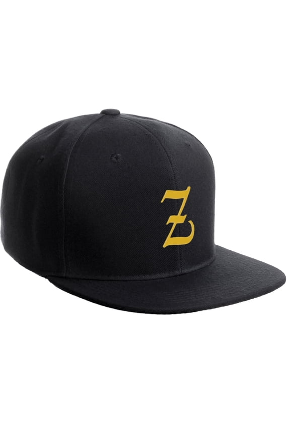 Classic Snapback Hat Old English Font Alphabet A to Z Flat Bill Visor Cap, Black Hat, Gold Z
