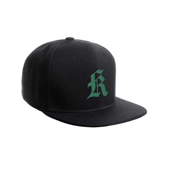 Daxton Classic Snapback Hat Old English Font Alphabet A to Z Flat Bill Visor Cap, Black Hat, Green K