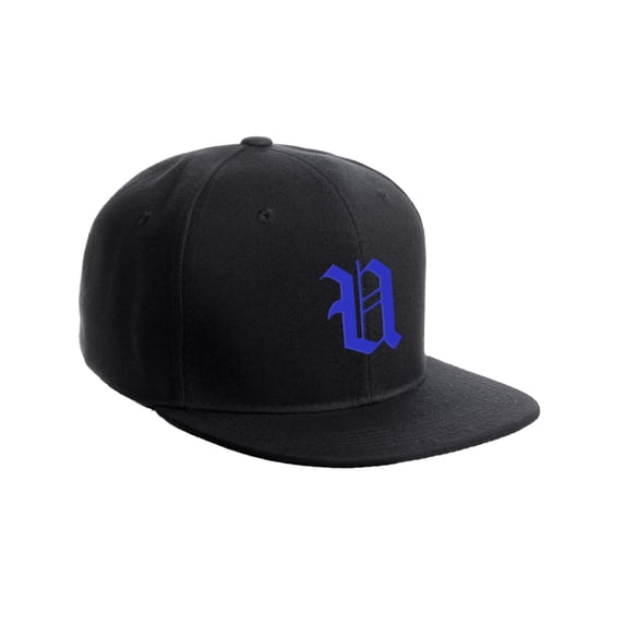 Daxton Classic Snapback Hat Old English Font Flat Bill Visor Cap, Black Hat, Royal U