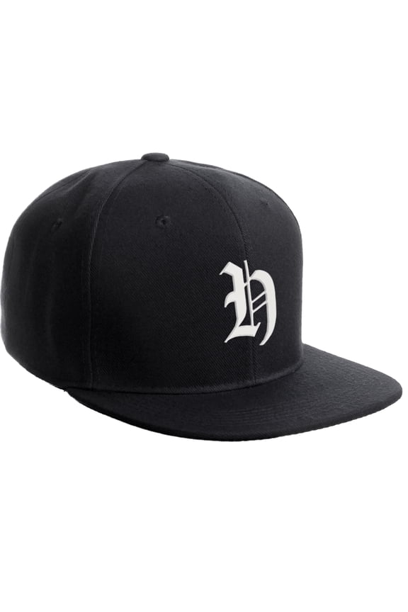 Classic Snapback Hat Old English Font Alphabet A to Z Flat Bill Visor Cap, Black Hat, White H