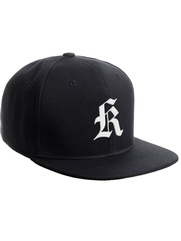 Classic Snapback Hat Old English Font Alphabet A to Z Flat Bill Visor Cap, Black Hat, White K