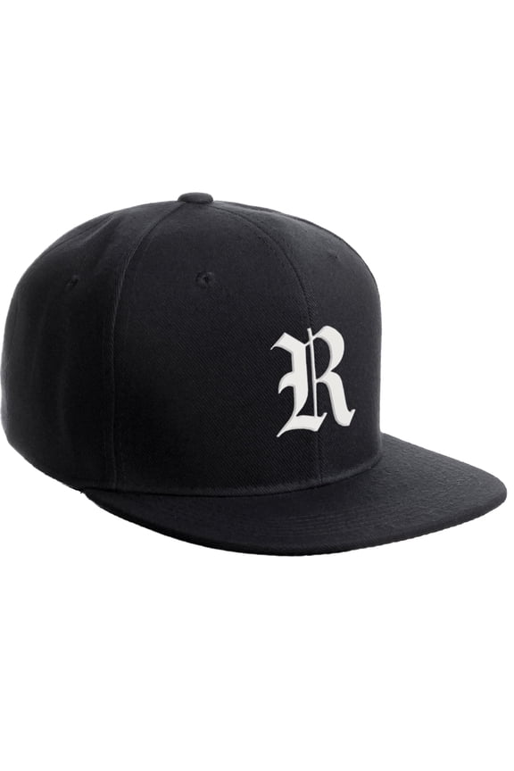 Classic Snapback Hat Old English Font Alphabet A to Z Flat Bill Visor Cap, Black Hat, White R