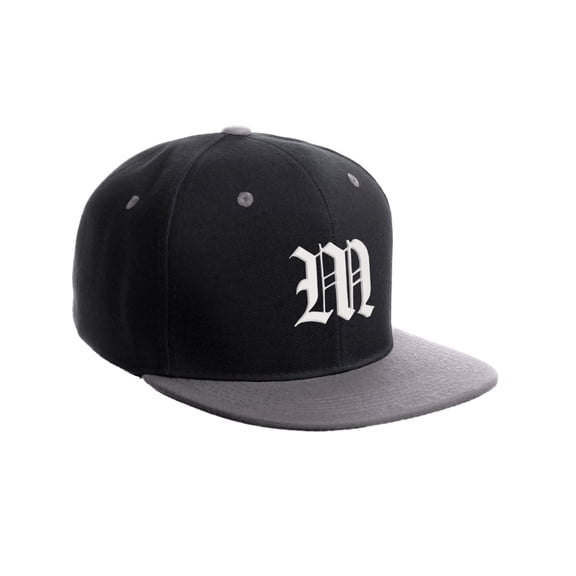 Daxton Classic Snapback Hat Old English Font Alphabet A to Z Flat Bill Visor Cap, Black Light Grey Hat, White M