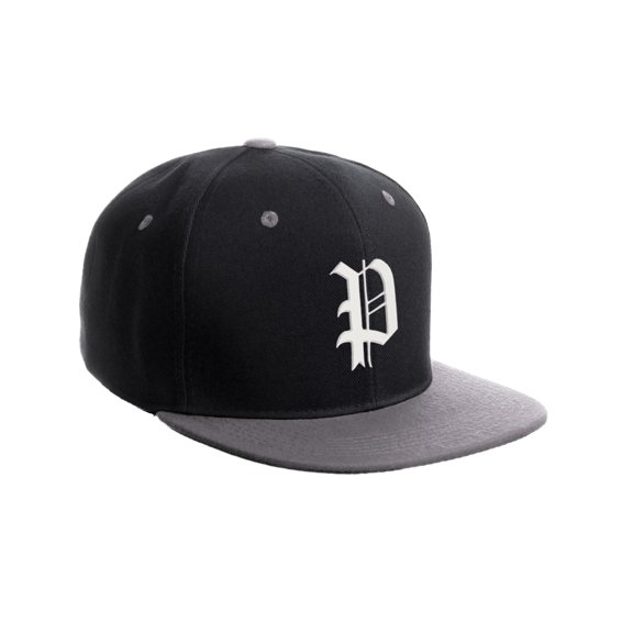 Daxton Classic Snapback Hat Old English Font Alphabet A to Z Flat Bill Visor Cap, Black Light Grey Hat, White P